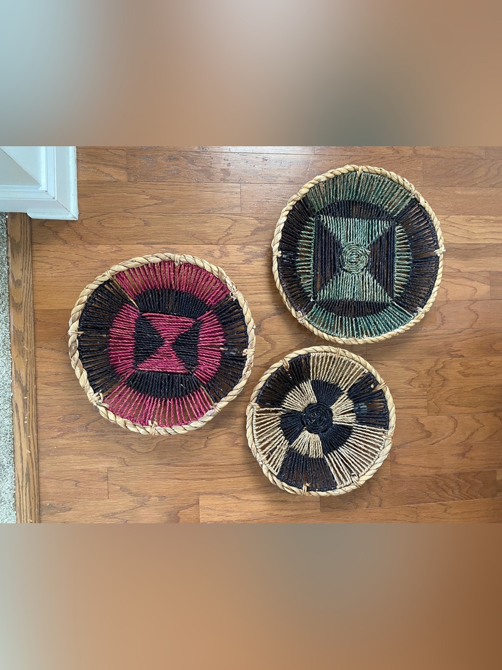 World Market Bohemian Woven Wall Basket Trio in Pink, Green & Natural